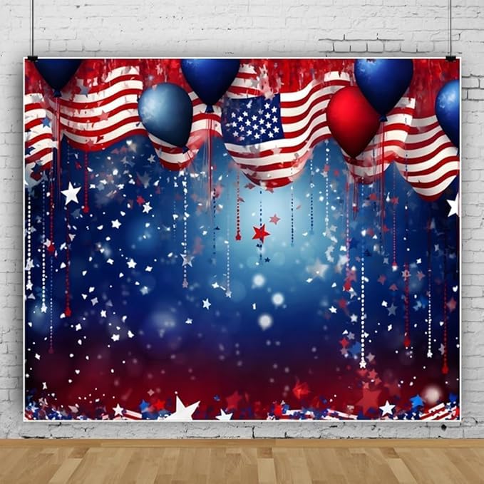 4th of July Backdrop Patriotic Backdrop American Flag Independence Day Veteran Day Banner 20x10ft Favors Red White Blue Stars Balloons Bokeh Photo Background Studio Props