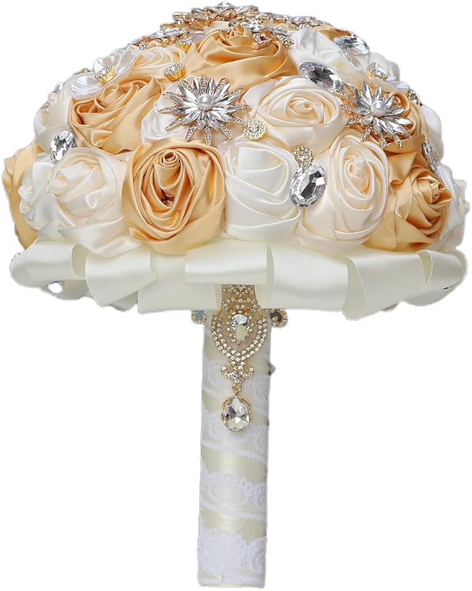 Handmade Wedding Bouquets for Bride Bridesmaid Brooch Artificial Holding Flower Tossing Bouquet(Khaki,Ivory/Apricot,19cm，1PC)