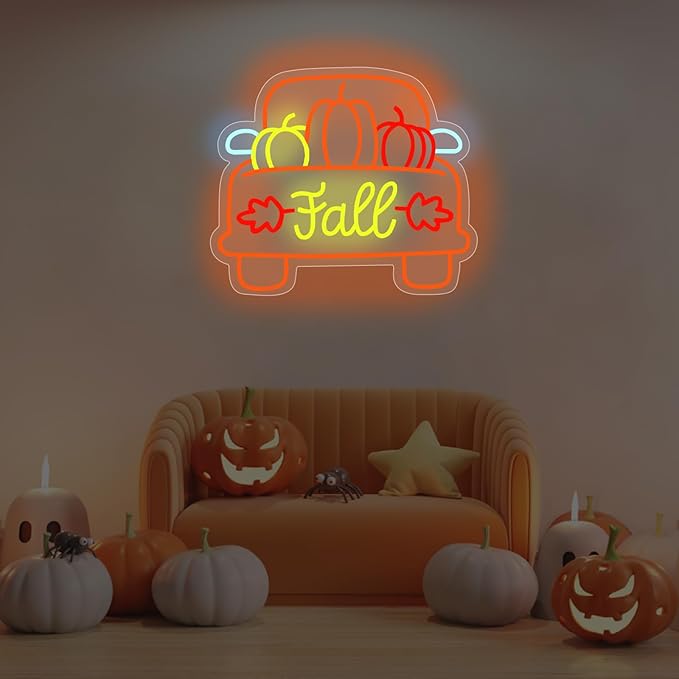 Thanksgiving Pumpkin Carriage Led Neon Sign, Fall Truck LED Light, Fall Thanksgiving Decor LED Neon Light Pumpkin Truck Neon Sign Autumn Home Farmhouse Decor,15.2"x13"