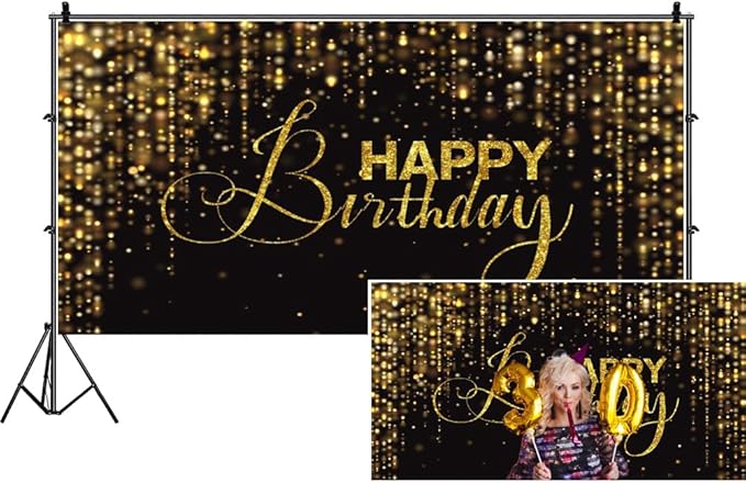 Happy Birthday Backdrop for Photography 15x8ft Luxury Black and Gold Birthday Party Backdrop Background Banner Bokeh Glitter Men Birthday Party Decorations Supplies Wallpaper Studio Props
