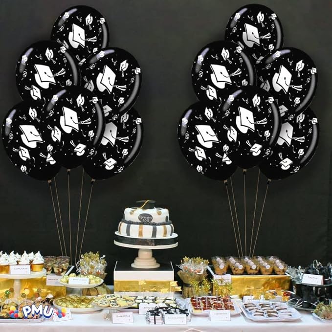 PMU 100 Pcs Black Graduation Balloons Class of 2025 with All-Over Print White Grad Caps-Confetti and Streamers | Graduation Party Supplies | Congratulations Grad Latex Balloons Latex