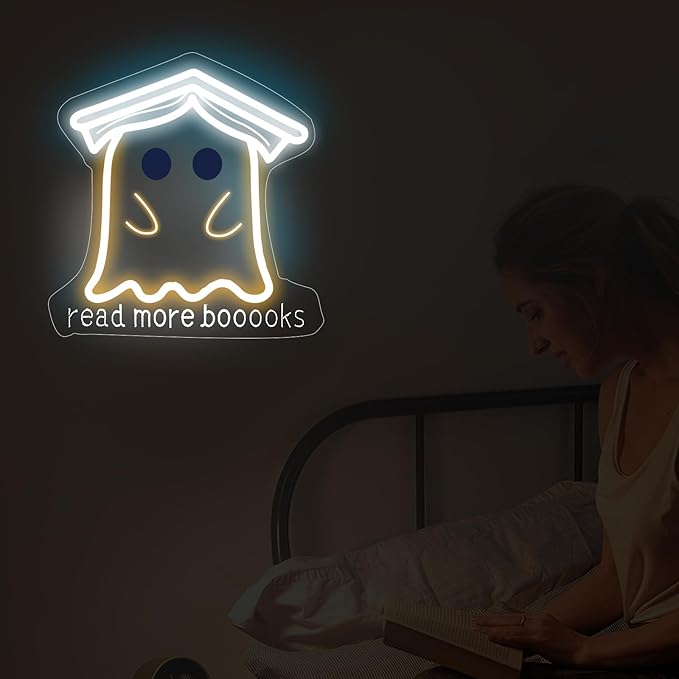 Read More Books Neon Sign, Cute Ghost Reader LED Sign Light, Kawaii Funny Ghost with Bachelor Cap Light Up Night Light for Bedroom Classroom Study Reading Room Library Decoration, 13"x13"