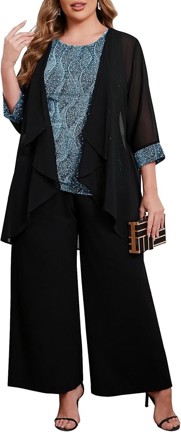 ZOMVA Plus Size 3 Piece Formal Pantsuit Sparkly Chiffon Jacket Set Dressy Outfit Mother of The Bride Groom Wedding Cocktail