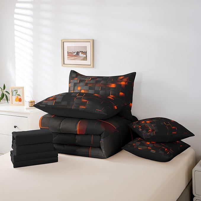 Feelyou Orange and Black Bedding Set Twin Size Kids Light Geometric Comforter Set with Sheets 7 Piece Bed in a Bag forModern Bed Set with Comforter,Sheets,Pillowcases,Cushion Covers