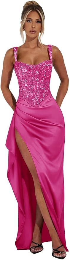 Basgute Sparkly Sequin Prom Dresses for Women 2026 Mermaid Corset Long Slit Ball Gown Formal Evening Party Dress