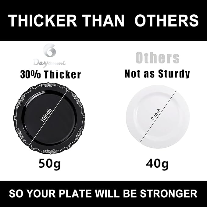 DaYammi 60PCS Black and Silver Plastic Plates, Heavy Duty Black and Silver Disposable Plates Premium 10inch Dinner Plate Hard Plastic Plate Disposable for Party and Wedding
