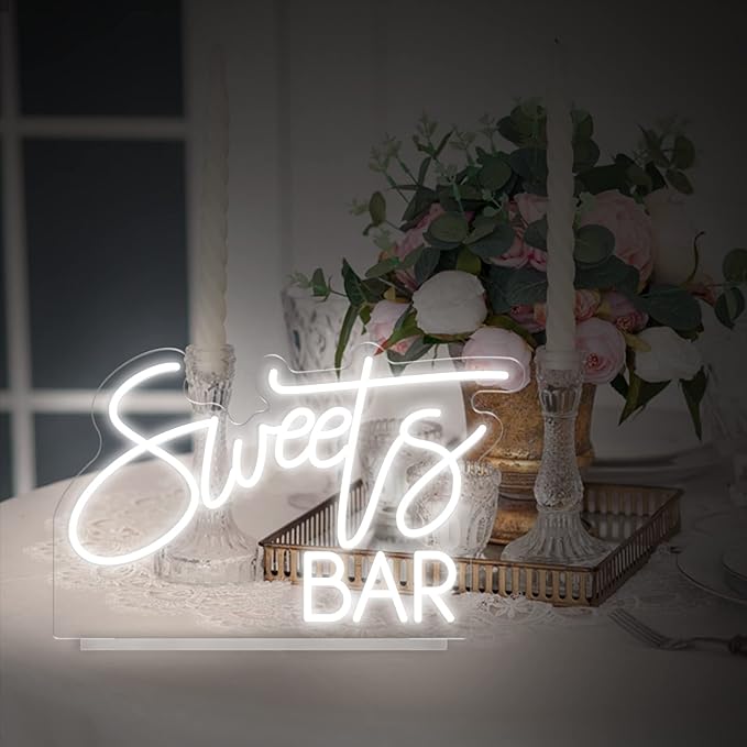 Sweet Bar Neon Sign, Handmade White LED Neon Light with Stand for Wedding Reception, Baby Shower, Home Mimosa Candy Buffet, Birthday Party, Dessert Table Sign - 15''