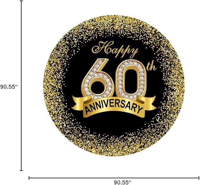 7.5x7.5ft Happy 60th Anniversary Round Backdrop Cover Luxurious Diamond Black Gold Happy 60th Years Circle Backdrop Background Gold Glitter Sequins Dots Ribbon Decor Banquet Dinner Party Props