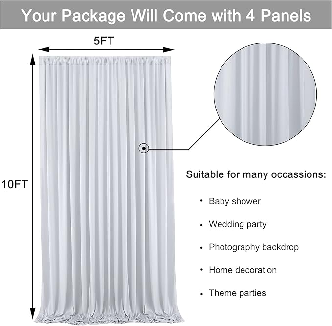 20 ft x 10 ft Wrinkle Free Silver Backdrop Curtain for Parties, Polyester Silver Grey Backdrop Drapes 4 Panels 5x10ft for Baby Shower Photoshoot Engagement Wedding Birthday Photography Background