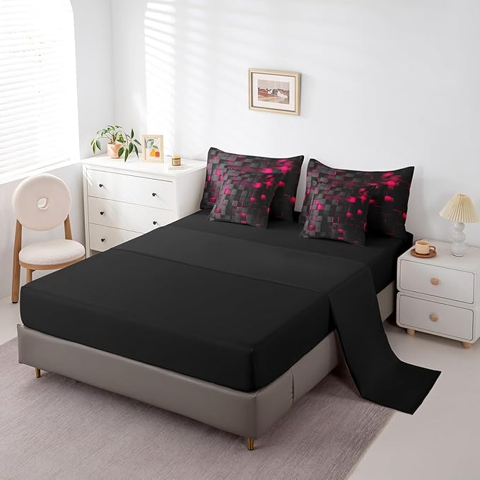 Feelyou Rose Red and Black Bedding Set Full Size Kids Light Geometric Comforter Set with Sheets 7 Piece Bed in a Bag forModern Bed Set with Comforter,Sheets,Pillowcases,Cushion Covers