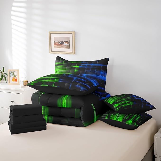 Feelyou Green Blue Bedding Set Twin Size Boys Girls Geometric Strip Lines Comforter Set with Sheets 7 Piece for Bed in a Bag Abstract Modern Bed Set with Comforter,Sheets,Pillowcases