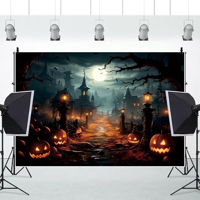 Halloween Backdrop Night Castle Tree Branch Pumpkin Backdrop for Trick or Treat Party Decorations Photography Background Studio Props 10x7ft（300x210cm）