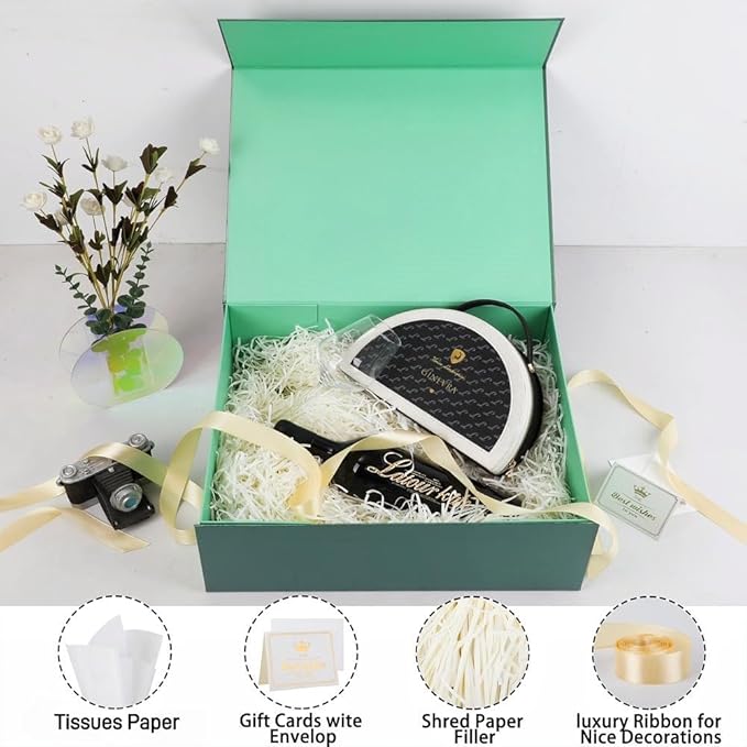 UoeRing 2 Pack Extra Large Green Gift Box 17x14.5x6 inch Luxury Gift Box for Presents with Magnetic Closure Lid Collapsible,Birthday,Christmas,Contains Card, Ribbon,Tissue Paper,Shredded Paper Filler