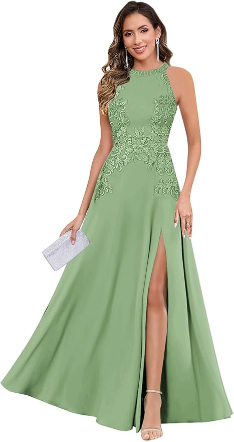 GUKARLEED Halter Lace Appliques Mother of The Bride Dresses for Women Long A-line Formal Wedding Guest Dress with Slit