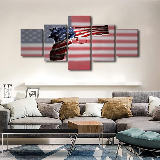Wall Art American Flag Gun Canvas Painting Blue and Red Line Modern Home Decor 5 Panels Wall Art Picture for Living Room Wall Decorations Print Decor Living Room Framed Ready to Hang 50"Wx24"H