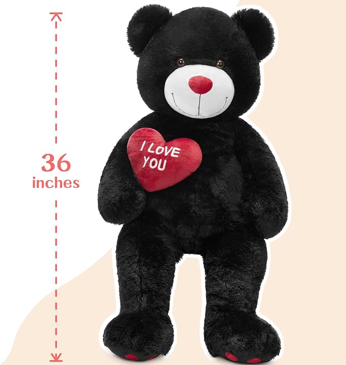 Red Heart Big Teddy Bears, Black Teddy Bear Stuffed Animals with Embroidered I Love You for Girlfriend, Large Valentines Fluffy Teddy Bear Birthday Gifts, 36 inches