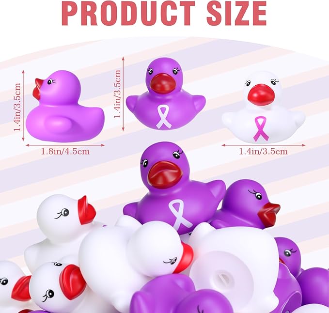 200 Pcs Purple and White Rubber Ducks Cervical Health Alzheimers Awareness Product Domestic Violence Awareness Ribbon Duck Float Mini Bath Toy Bulk Pancreatic Cancer for Charity Event Supplies