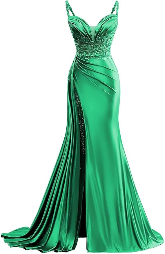 V Neck Satin Prom Dresses Long Mermaid Lace Evening Gown with Slit Pleated Bodycon Formal Dress with Tail