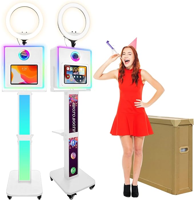 Photo Booth for iPad 10.2" 10.9" 11" 12.9" & Camera,2-in-1 Selfie Station Shell Stand Camera Photobooth Machine,App Control RGB Fill Light,for Parties,Rental Business (White + Honeycomb Box)