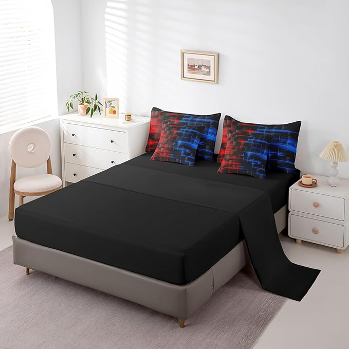 Feelyou Red Blue Bedding Set Twin Size Boys Girls Geometric Strip Lines Comforter Set with Sheets 7 Piece for Bed in a Bag Abstract Modern Bed Set with Comforter,Sheets,Pillowcases