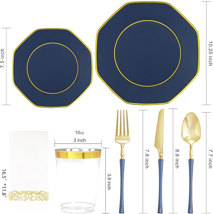 KIRE 140Pcs Blue Plastic Plates with Gold Rim - Gold Disposable Plastic Silverware with Blue Handle&Clear Cups&Hand Napkin - Geometric Party Plates for Hanukkah/Holiday/Party