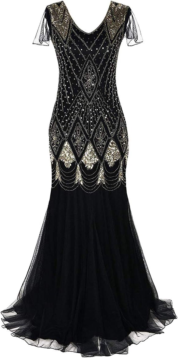 Women Vintage 1920s Gatsby Flapper Evening Party Dress V Neck Art Deco Sequins Mermaid Hem Cocktail Formal Long Maxi Gown