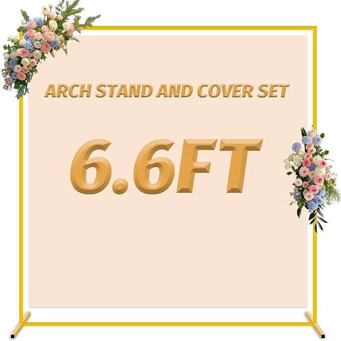Wedding Arch Backdrop Stand and Cover Set Metal Arched Stand Frame with Beige Arch Cover 6.6x6.6FT Square Backdrop Covers for Arch Stands Backdrops for Birthday Party Graduation Wedding Shower Decor