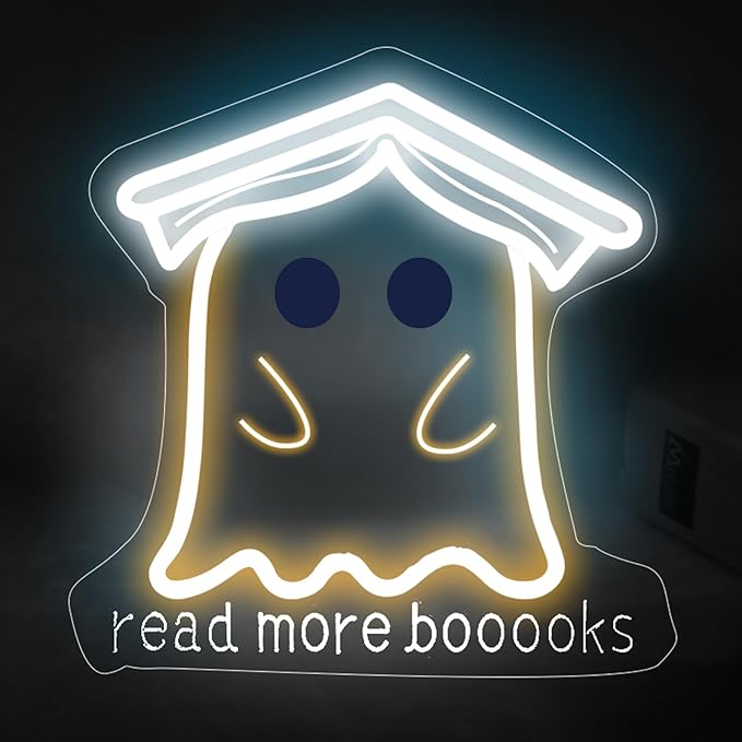Read More Books Neon Sign, Cute Ghost Reader LED Sign Light, Kawaii Funny Ghost with Bachelor Cap Light Up Night Light for Bedroom Classroom Study Reading Room Library Decoration, 13"x13"