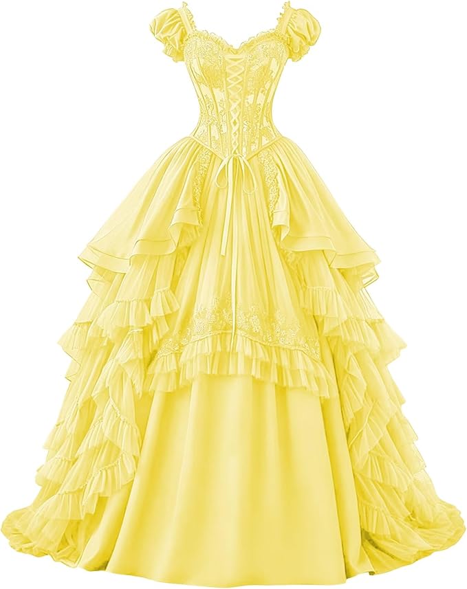Ftupza Gothic Wedding Dresses Lace Appliques 1800s Victorian Dresses for Women Layered Tulle Prom Dress Long Ball Gown