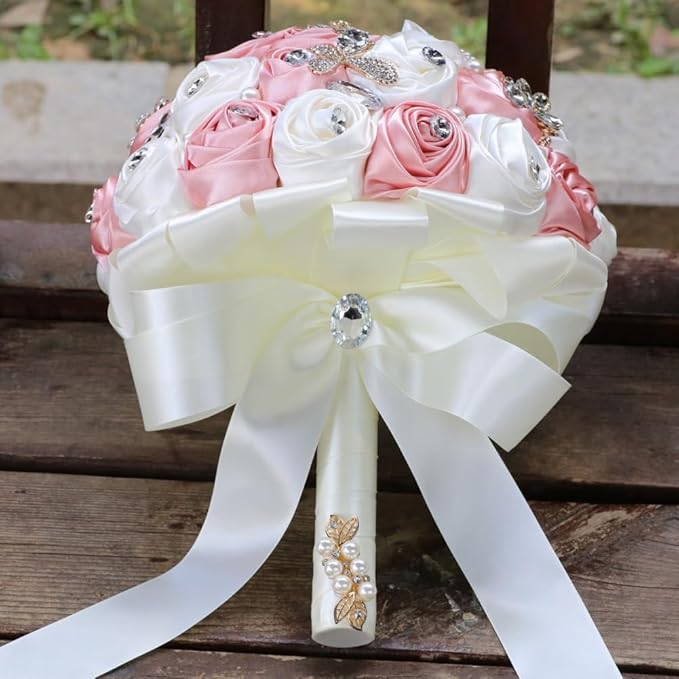 Ivory Blush Pink Bridal Wedding Bouquet Handmade with Luxury Gold Brooch Rhinestone Pearl for Bride Bridesmaid Quinceanera Satin Rose Flower Bouquet Wedding Blush Pink and Ivory 8.7in