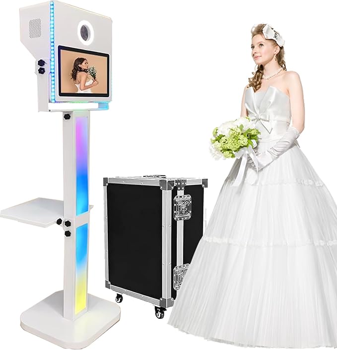 Portable Selfie Photo Booth 15.6" Touch Screen, Mirror Photobooth Machine RGB Lights Stand Built-in Mini PC Flight Case for Birthday Wedding Party Events Rental (White Color)