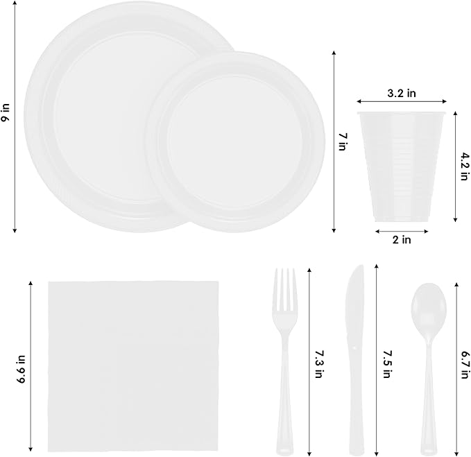 Party Solids 350 Pieces White Plastic Plates For Party, White Disposable Plates Set, 50 Of Each 9" Dinner Plate Set, 7" Dessert Plate, Cups, Napkins & Cutlery Plastic Dinnerware