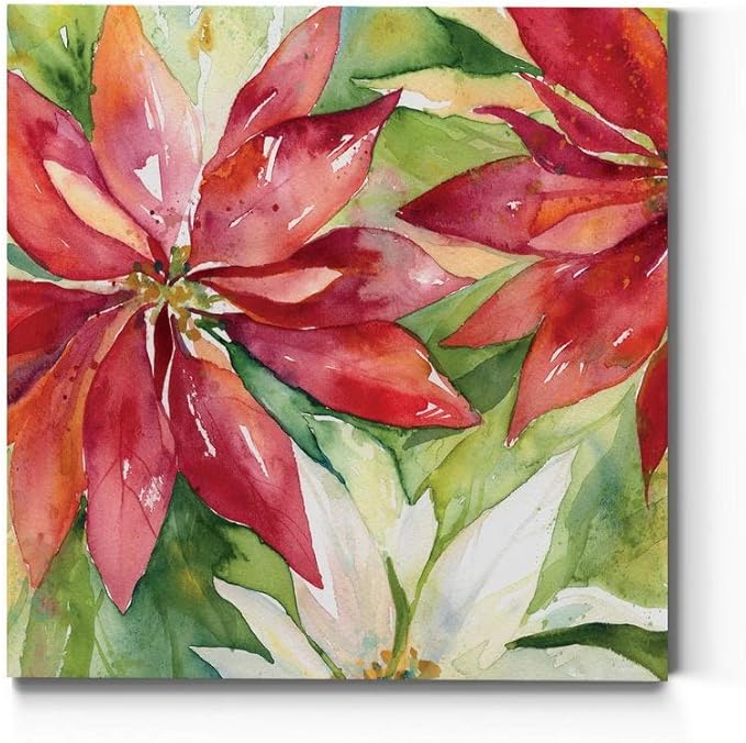 Renditions Gallery Poinsettia Leaves Wall Art, Christmas & Winter Artwork, Festive Red & Green, Flowers, Floral, Premium Gallery Wrapped Canvas Decor, Ready to Hang, 24 in H x 24 in W, Made in America