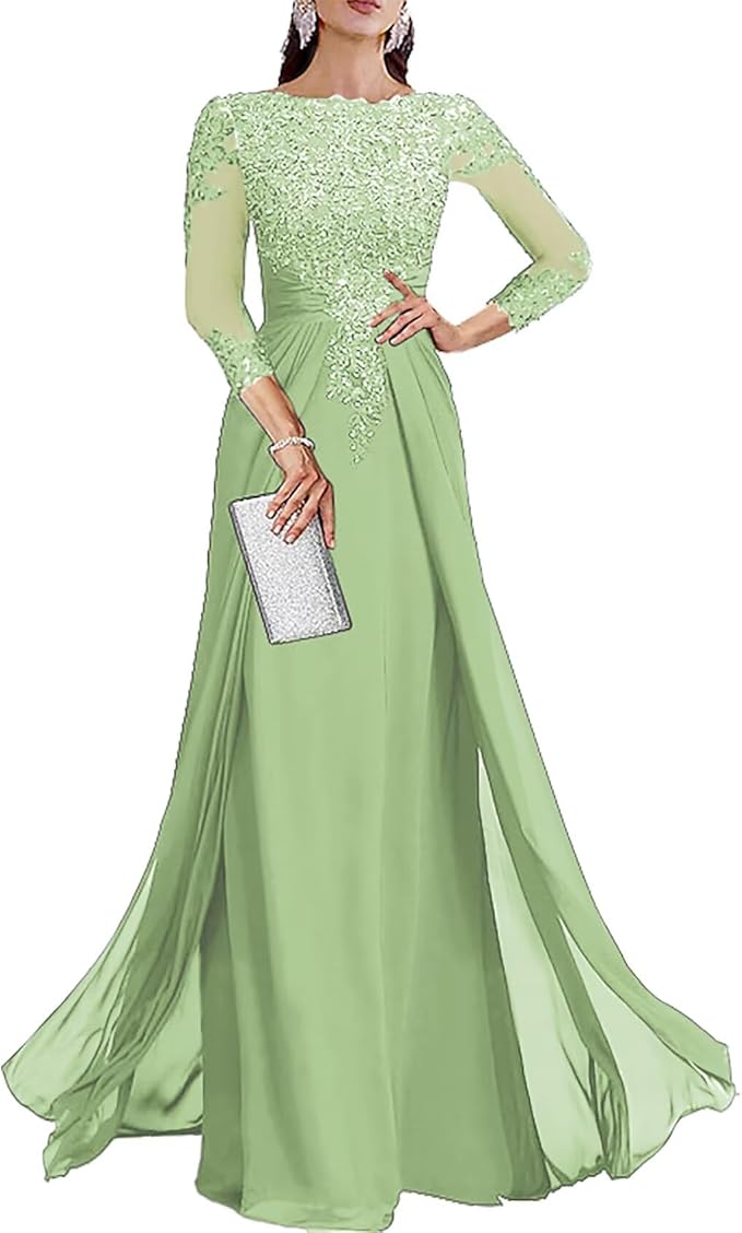 Long Sleeve Mother of The Bride Dresses for Wedding Lace Appliques Chiffon Formal Dress He6052