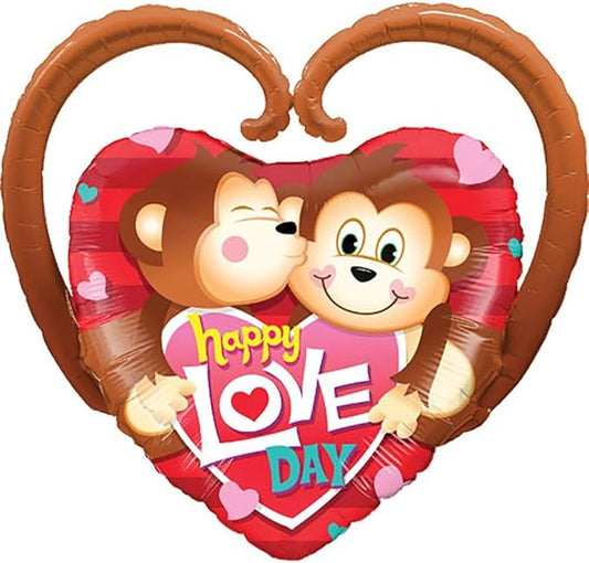 PMU Valentine's Day "Happy Love Day" Monkeys 39in Mylar-Foil Balloon 10/pkg