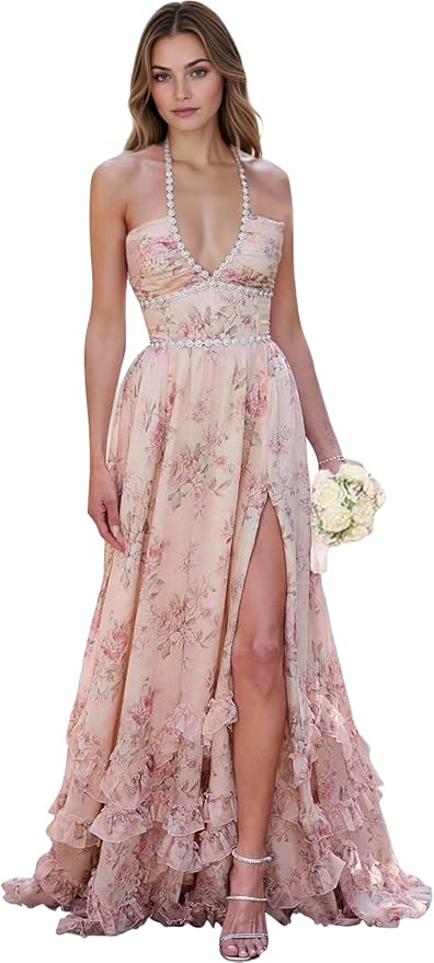 Floral Printed Chiffon Prom Dress for Carmen 2025 Long V Neck Floor Length Photoshoot Dress with Side Slit Ruched