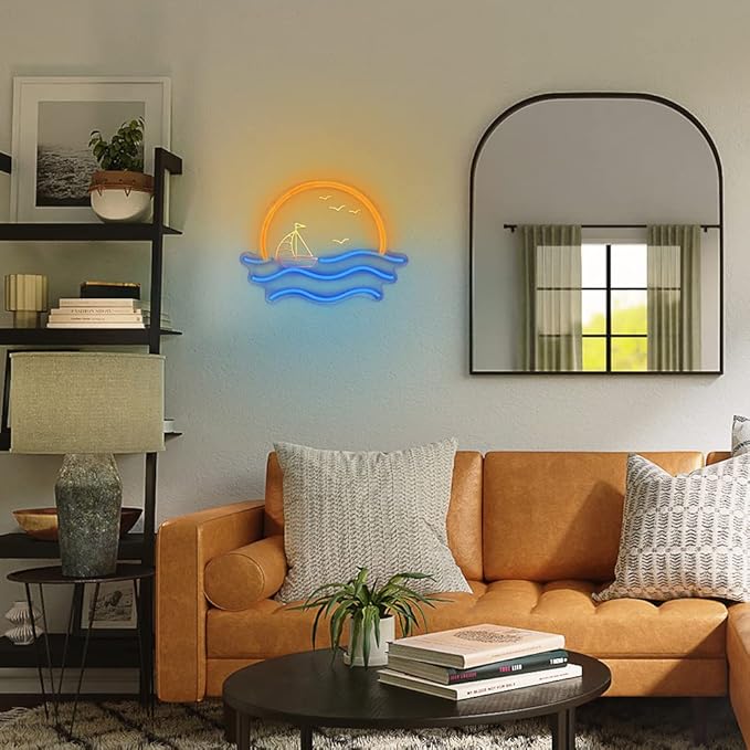 Sunset Neon Sign for Bedroom, Sunrise & Sunset at Sea Neon Light Sign for Wall Decor, 5V Sailboat Neon Sign for Living Room Bar Office, Housewarming Gift, 17x13 IN by JXIN