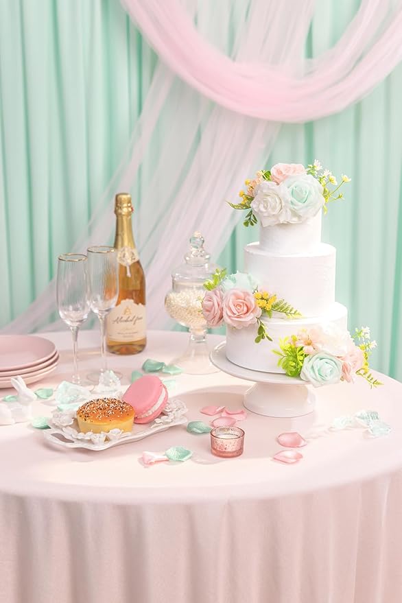 TINGE TIME 3Pcs Pre-made Cake Toppers，Silk Artificial Flowers Decor，Cake Decorations for Weddings, Birthdays, Party,Baby Shower,Celebration (Mint Green and Pink)