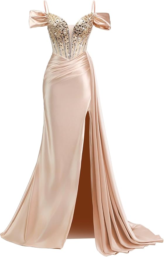Rjer Off The Shoulder Satin Prom Dresses Long with Slit Tail 2026 Sequin Beaded Pleated Evening Ball Gown for Women Formal