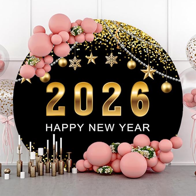 YongFoto 2026 Happy New Year Round Backdrop Cover 6ft Black Gold Photography Background Merry Christmas Xmas Eve New Year's Night Festival Carnival Family Celebration Party Banquet Decor Banner