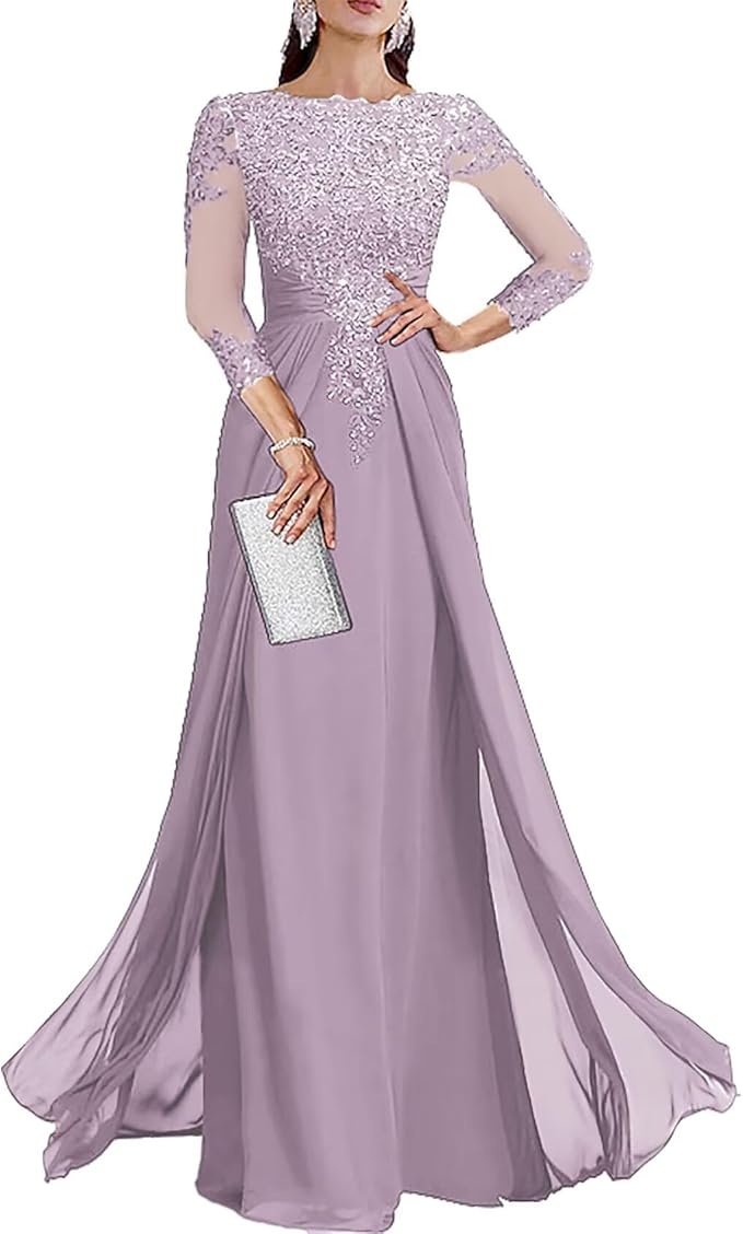 Long Sleeve Mother of The Bride Dresses for Wedding Lace Appliques Chiffon Formal Dress He6052