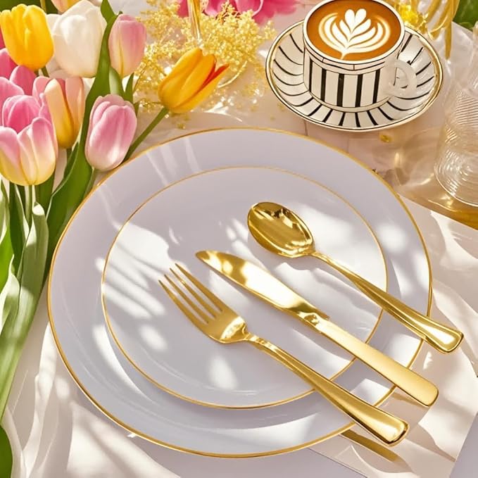 Festiva 176Pcs White and Gold Plastic Plates - White with Gold Rim Fall Dinnerware Set - 25Guest include Plates Cups Cutlery Napkins for Birthday Party&Wedding& Easter