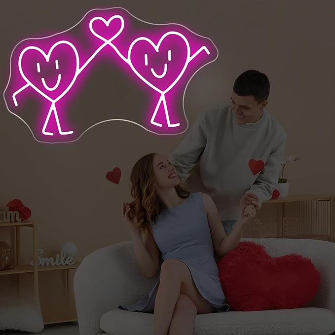 Cute Twin Heart Neon Sign - 5-Level Dimmable USB Pink Neon Signs & Valentine's Day Decor, Ideal for Weddings, Parties, Shop Walls, Teen Girl Bedroom Wall Art