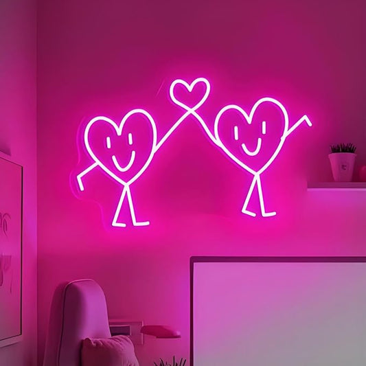 Cute Twin Heart Neon Sign - 5-Level Dimmable USB Pink Neon Signs & Valentine's Day Decor, Ideal for Weddings, Parties, Shop Walls, Teen Girl Bedroom Wall Art