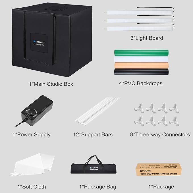 PULUZ Large Photography Light Box, 32"x32" Photo Studio Box, Portable Shooting Tent with 3 Stepless Dimming Light Panel, Professional Photo Booth with 4 Color Backdrops for Product Photography