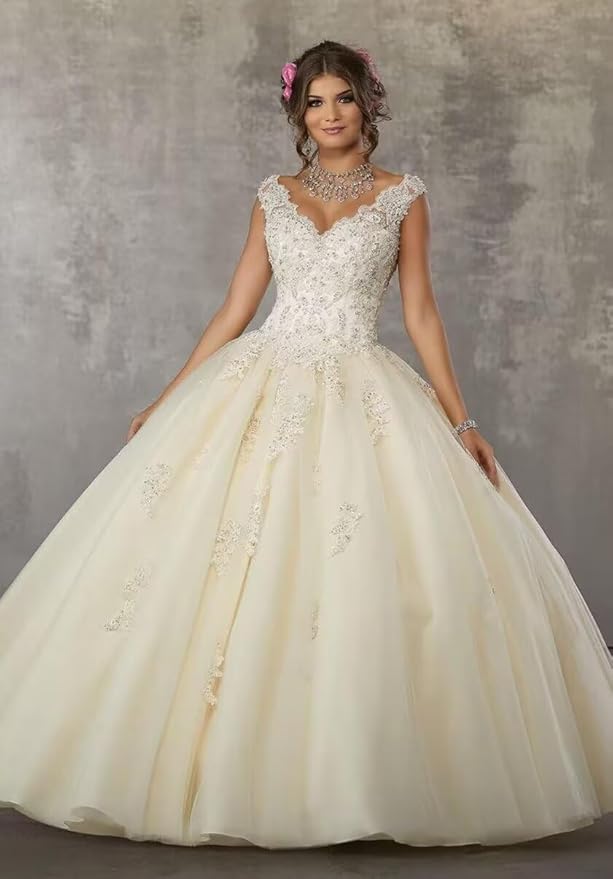 Laces Appliques Long Ball Gown Puffy Tulle Quinceanera Dresses Wedding Dresses with Sleeveless