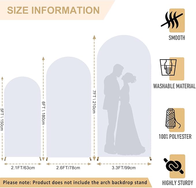 White Arch Backdrop Cover Set of 3 Wedding Arch Cover 5ft 6ft 7ft Spandex Arched Backdrop Covers for Baby Shower Chiara Round Top Arched Backdrops Stand Covers for Birthday Party Decoration