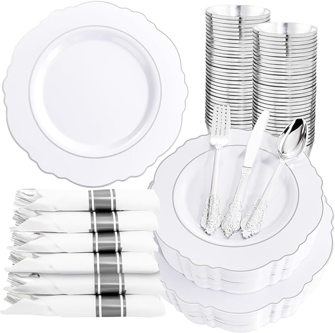 Liacere 175pcs Silver Plastic Plates - White and Silver Disposable - 25guest Baroque Plastic Dinnerware include 50Plates, 25Pack Pre Rolled Napkins with Silverware 25Cups for Christmas ＆ New Year