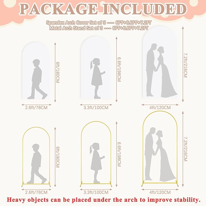 Set of 3 Wedding Arch Backdrop Stand and White Arch Cover 7.2FT & 6.6FT & 6FT Heavy Duty Balloon Metal Party Arch Stand with Base Arched Backdrop Stands Cover for Birthday Bridal Baby Shower