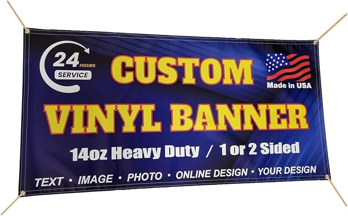 14oz Custom Vinyl Banner, Full Color, Premium Coated Material, Heavy Duty Sign, Backdrop, Indoor / Outdoor, For Advertising, Tadeshow, Occasions, Online Design or Print Your Design, 1 or 2 Sided (4 X 7 ft (H X W))